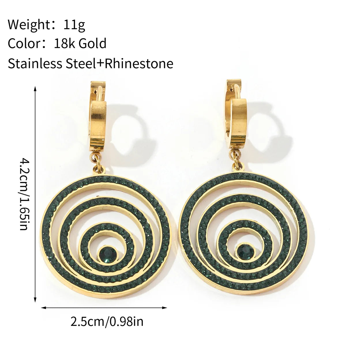 1 Pair Vintage Style Circle Polishing Plating Inlay 201 Stainless Steel Rhinestones 18K Gold Plated Drop Earrings