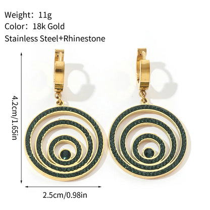 1 Pair Vintage Style Circle Polishing Plating Inlay 201 Stainless Steel Rhinestones 18K Gold Plated Drop Earrings