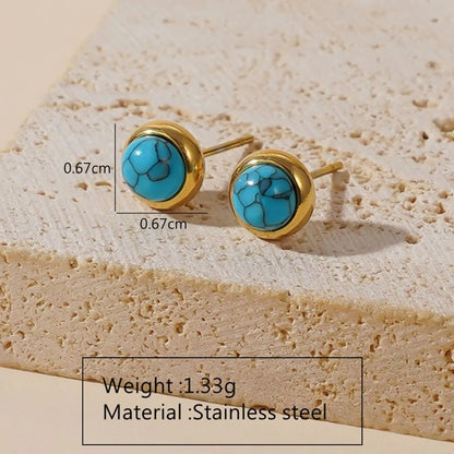 1 Pair Vintage Style Classic Style Geometric Circle Round Plating 304 Stainless Steel Plastic Turquoise 18K Gold Plated Ear Studs