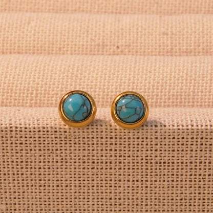 1 Pair Vintage Style Classic Style Geometric Circle Round Plating 304 Stainless Steel Plastic Turquoise 18K Gold Plated Ear Studs