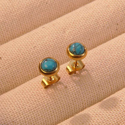 1 Pair Vintage Style Classic Style Geometric Circle Round Plating 304 Stainless Steel Plastic Turquoise 18K Gold Plated Ear Studs