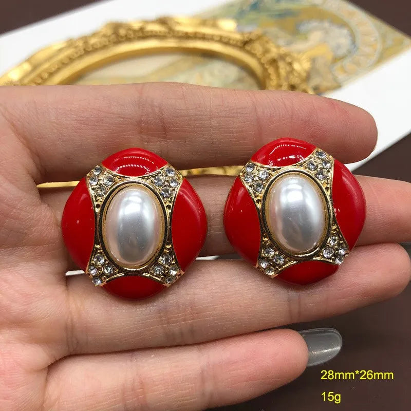 1 Pair Vintage Style Classic Style Oval Inlay Alloy Artificial Gemstones Artificial Pearls Ear Studs