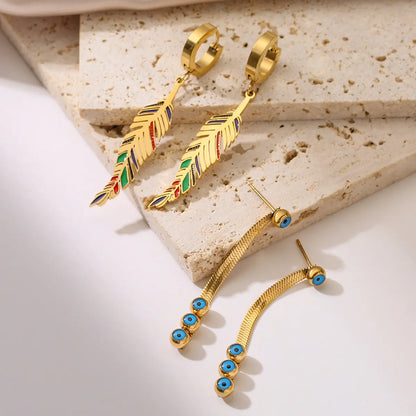 1 Pair Vintage Style Commute Devil's Eye Leaves Enamel Plating Titanium Steel 18k Gold Plated Dangling Earrings