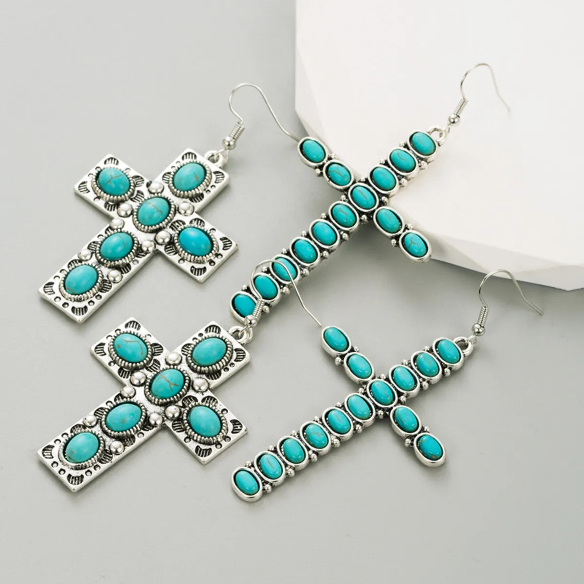 1 Pair Vintage Style Cross Alloy Inlay Turquoise Women's Drop Earrings