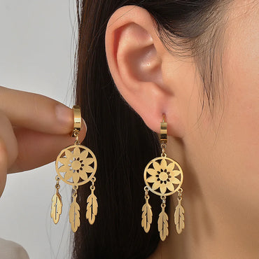 1 Pair Vintage Style Dreamcatcher Polishing Plating Inlay Titanium Steel Rhinestones 18K Gold Plated Drop Earrings