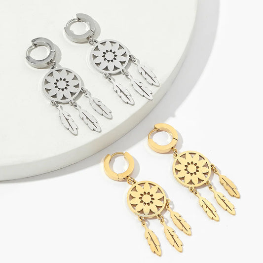 1 Pair Vintage Style Dreamcatcher Polishing Plating Inlay Titanium Steel Rhinestones 18K Gold Plated Drop Earrings