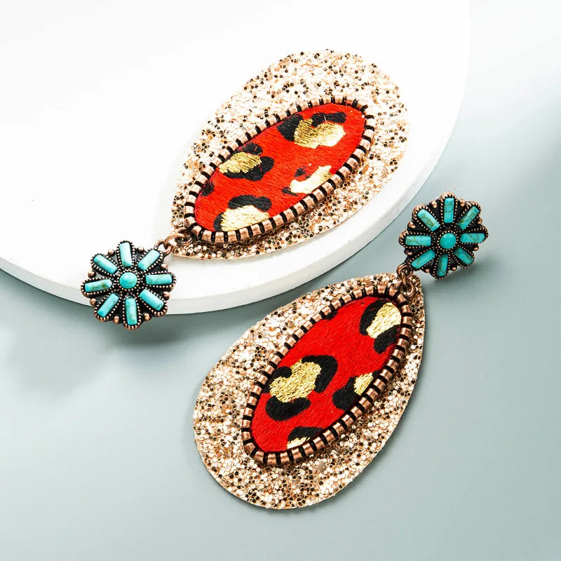 1 Pair Vintage Style Ethnic Style Bohemian Geometric Sequins Inlay Alloy Artificial Leather Turquoise Rose Gold Plated Drop Earrings