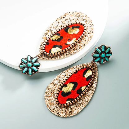 1 Pair Vintage Style Ethnic Style Bohemian Geometric Sequins Inlay Alloy Artificial Leather Turquoise Rose Gold Plated Drop Earrings