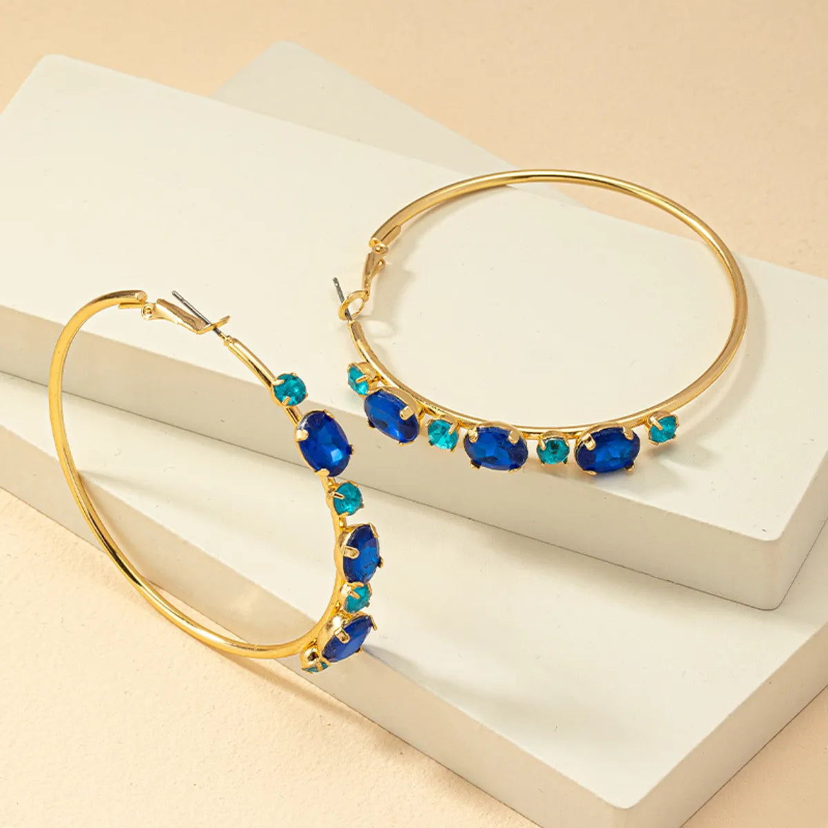 1 Pair Vintage Style Ethnic Style Color Block Plating Inlay Alloy Artificial Gemstones 14k Gold Plated Hoop Earrings