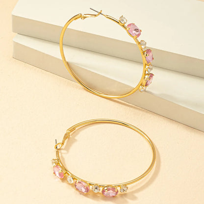 1 Pair Vintage Style Ethnic Style Color Block Plating Inlay Alloy Artificial Gemstones 14k Gold Plated Hoop Earrings