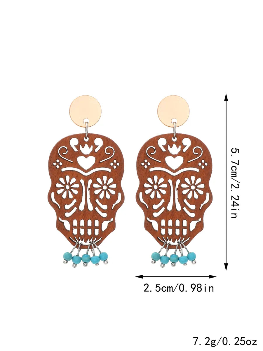 1 Pair Vintage Style Ethnic Style Geometric Skull Hollow Out Wood Drop Earrings