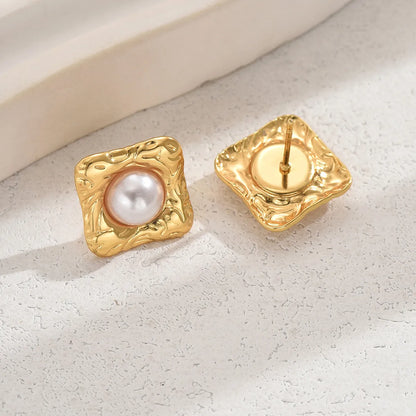 1 Pair Vintage Style Exaggerated Luxurious Square Pleated Inlay 201 Stainless Steel Plastic 18K Gold Plated Ear Studs