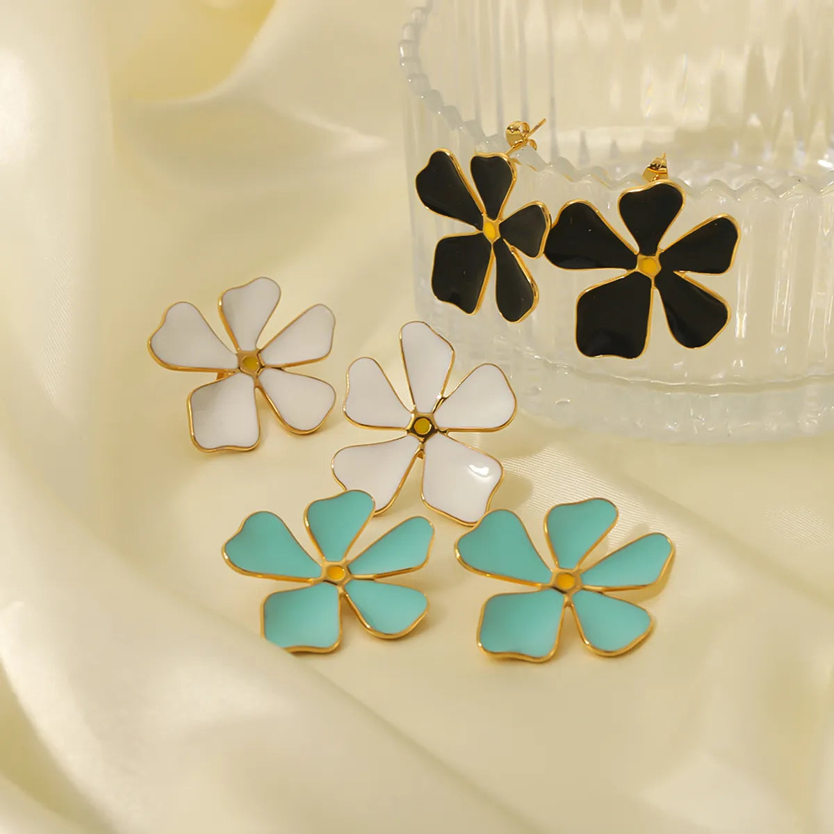 1 Pair Vintage Style Flower Enamel Plating Stainless Steel 18k Gold Plated Ear Studs