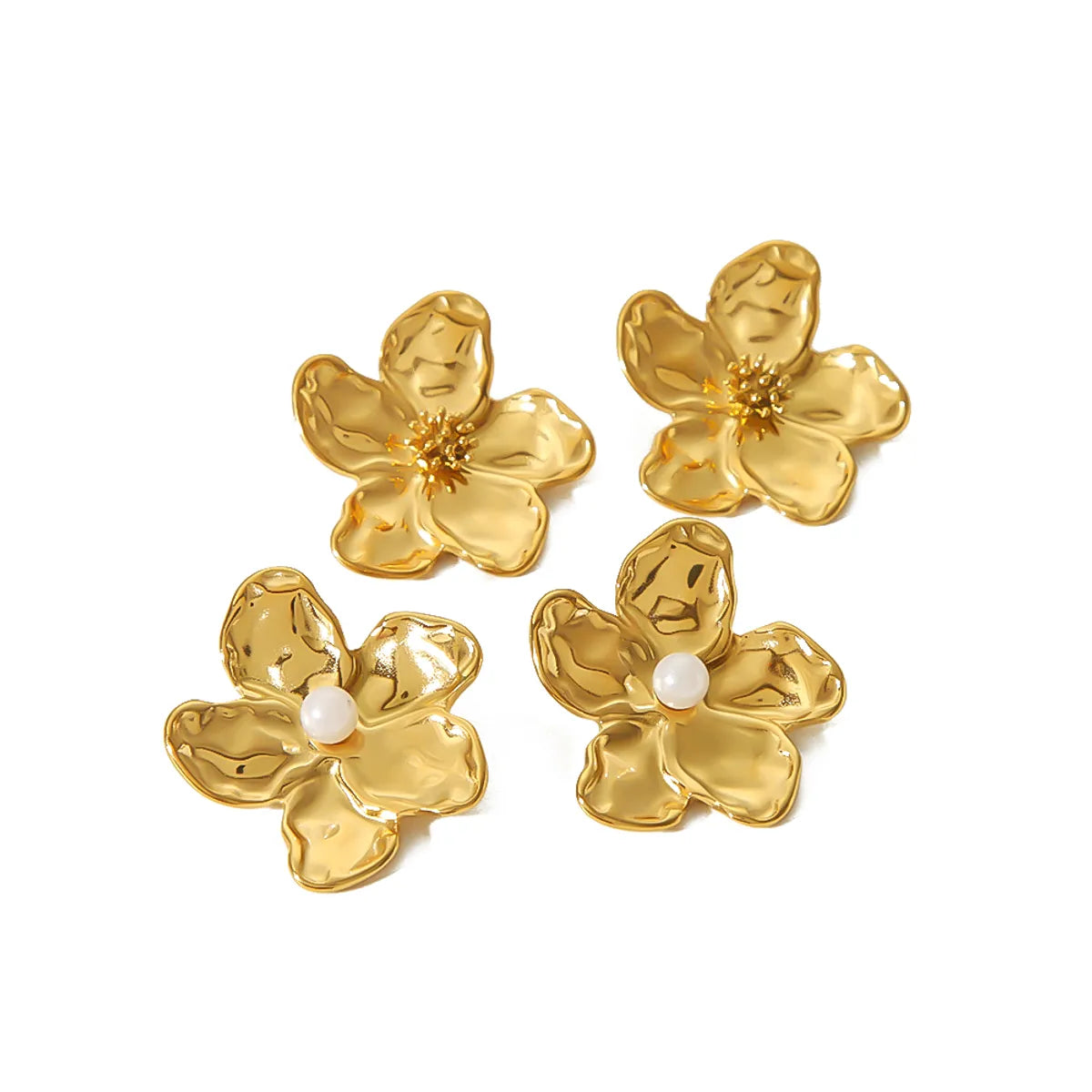 1 Pair Vintage Style Flower Polishing Plating Inlay 304 Stainless Steel Artificial Pearls 18K Gold Plated Ear Studs