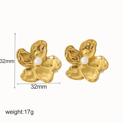 1 Pair Vintage Style Flower Polishing Plating Inlay 304 Stainless Steel Artificial Pearls 18K Gold Plated Ear Studs