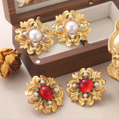 1 Pair Vintage Style French Style Flower Plating Inlay Copper Rhinestones Glass Stone Pearl 18k Middle Ancient Gold Ear Studs