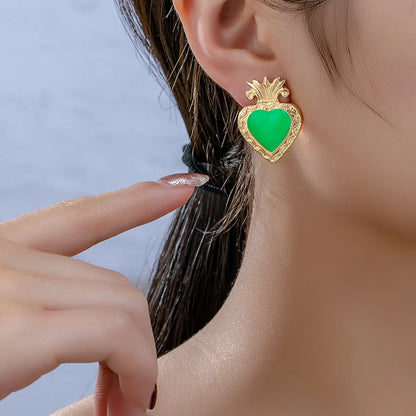 1 Pair Vintage Style Heart Shape Crown Enamel Plating Alloy 14k Gold Plated Ear Studs