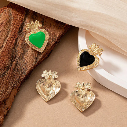 1 Pair Vintage Style Heart Shape Crown Enamel Plating Alloy 14k Gold Plated Ear Studs