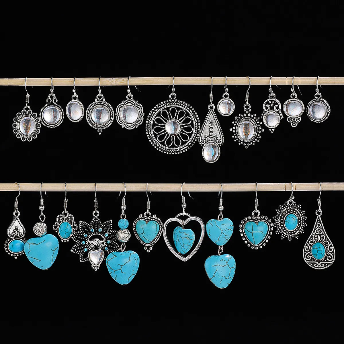 1 Pair Vintage Style Heart Shape Inlay Alloy Turquoise Silver Plated Drop Earrings