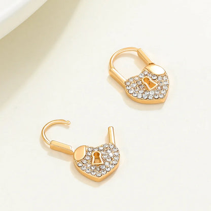 1 Pair Vintage Style Heart Shape Lock Alloy Inlay Zircon 14k Gold Plated Women's Earrings