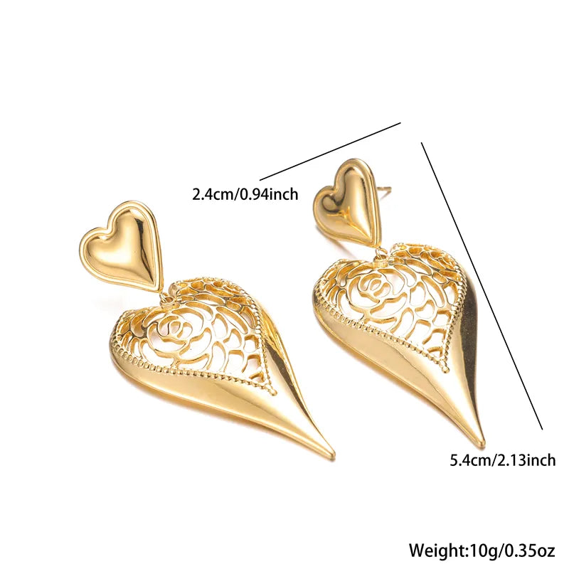 1 Pair Vintage Style Heart Shape Plating Hollow Out Carving 304 Stainless Steel Drop Earrings