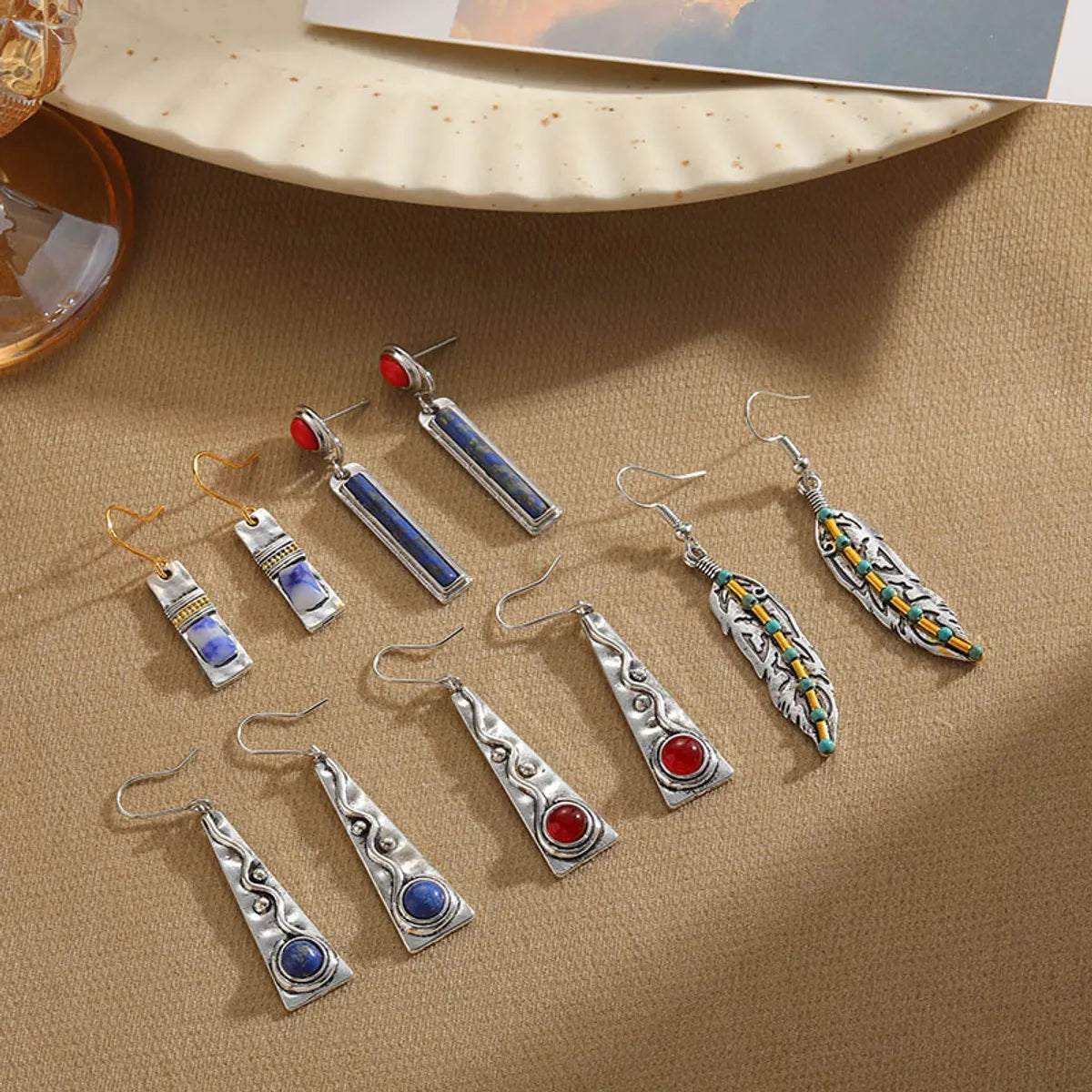 1 Pair Vintage Style Leaf Rectangle Enamel Plating Inlay Alloy Natural Stone Drop Earrings