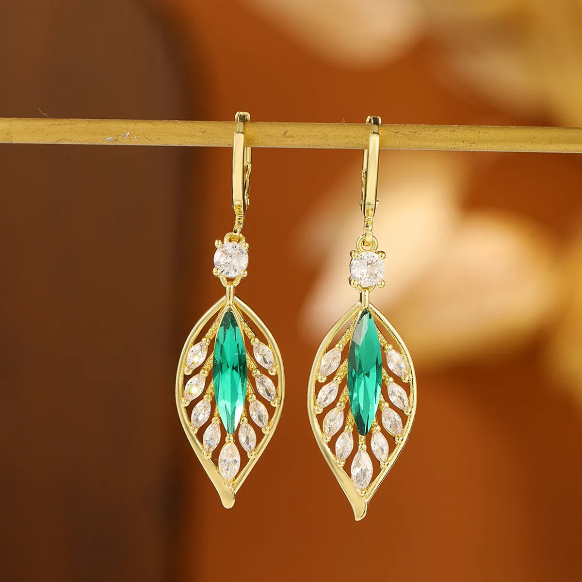 1 Pair Vintage Style Leaves Plating Copper Zircon 14k Gold Plated Dangling Earrings