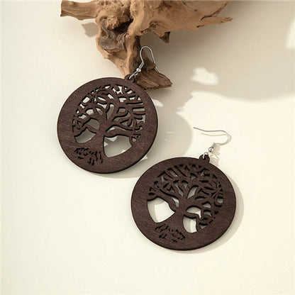 1 Pair Vintage Style Life Tree Hollow Out Wood Drop Earrings