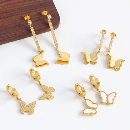 1 Pair Vintage Style Luxurious Butterfly Plating Inlay 304 Stainless Steel Shell Zircon 18K Gold Plated Gold Plated Drop Earrings