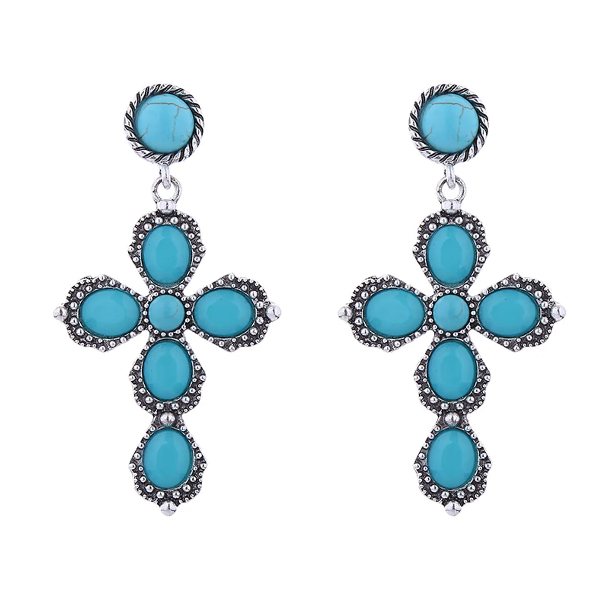 1 Pair Vintage Style Luxurious Classic Style Cross Plating Inlay Alloy Turquoise Silver Plated Dangling Earrings