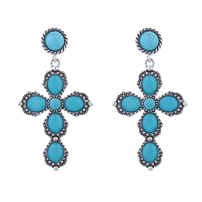 1 Pair Vintage Style Luxurious Classic Style Cross Plating Inlay Alloy Turquoise Silver Plated Dangling Earrings