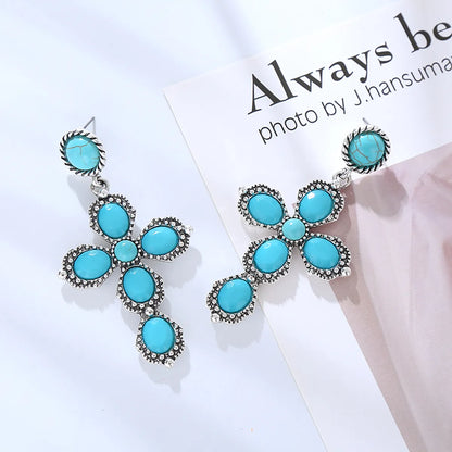 1 Pair Vintage Style Luxurious Classic Style Cross Plating Inlay Alloy Turquoise Silver Plated Dangling Earrings