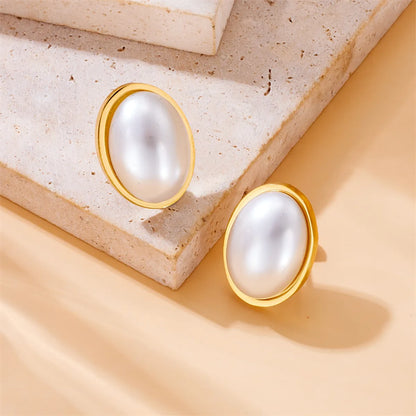 1 Pair Vintage Style Oval Inlay 304 Stainless Steel Pearl 18K Gold Plated Ear Studs