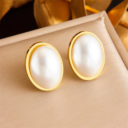 1 Pair Vintage Style Oval Inlay 304 Stainless Steel Pearl 18K Gold Plated Ear Studs