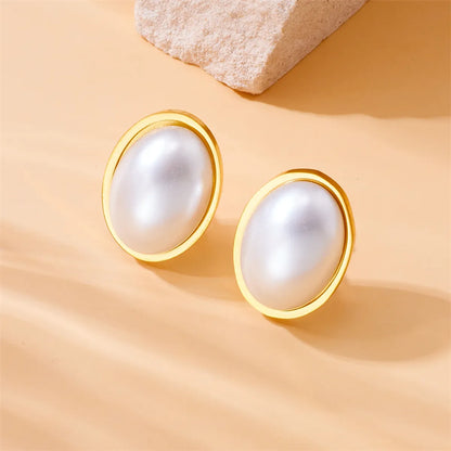 1 Pair Vintage Style Oval Inlay 304 Stainless Steel Pearl 18K Gold Plated Ear Studs