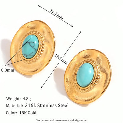 1 Pair Vintage Style Oval Plating Inlay Stainless Steel Turquoise 18k Gold Plated Ear Studs