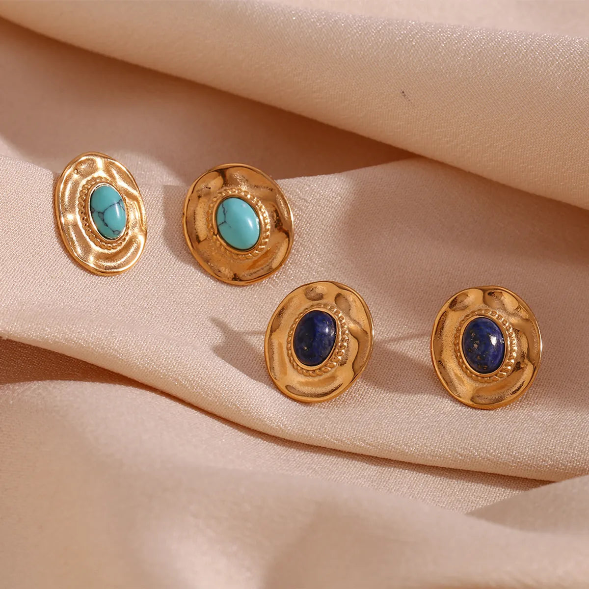 1 Pair Vintage Style Oval Plating Inlay Stainless Steel Turquoise 18k Gold Plated Ear Studs