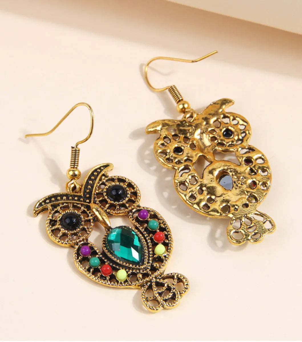 1 Pair Vintage Style Owl Inlay Alloy Rhinestones Drop Earrings