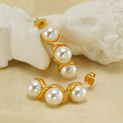 1 Pair Vintage Style Pea Polishing Plating Inlay Stainless Steel Pearl 18k Gold Plated Earrings