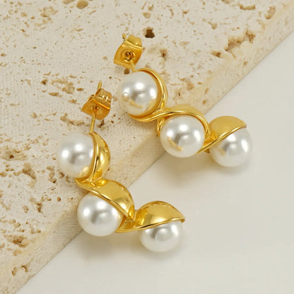 1 Pair Vintage Style Pea Polishing Plating Inlay Stainless Steel Pearl 18k Gold Plated Earrings