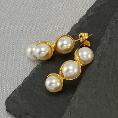 1 Pair Vintage Style Pea Polishing Plating Inlay Stainless Steel Pearl 18k Gold Plated Earrings