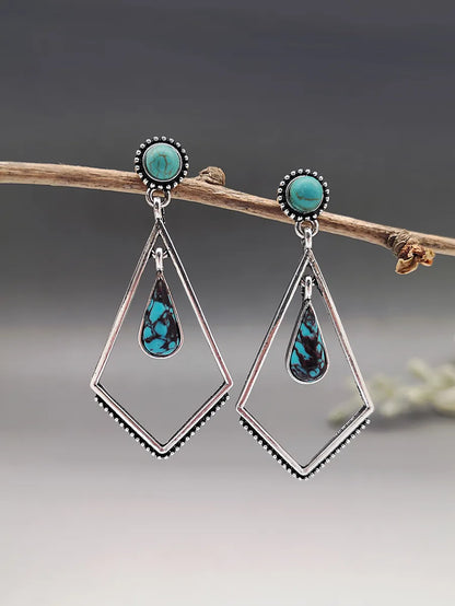 1 Pair Vintage Style Rhombus Inlay Metal Turquoise Silver Plated Drop Earrings