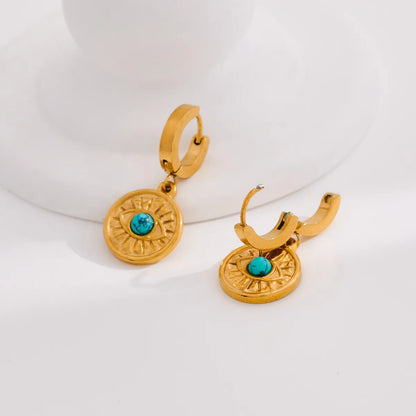 1 Pair Vintage Style Roman Style Eye Plating Inlay 304 Stainless Steel Turquoise Drop Earrings