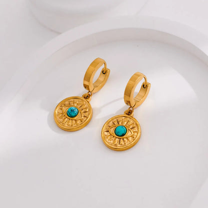 1 Pair Vintage Style Roman Style Eye Plating Inlay 304 Stainless Steel Turquoise Drop Earrings