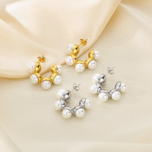 1 Pair Vintage Style Round Plating Inlay 304 Stainless Steel Pearl 18K Gold Plated Ear Studs