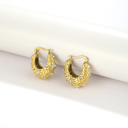 1 Pair Vintage Style Scallop Solid Color Plating Inlay Stainless Steel Rhinestones Hoop Earrings