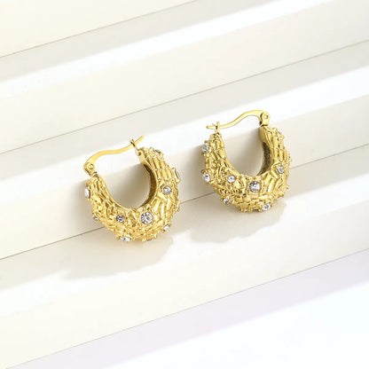 1 Pair Vintage Style Scallop Solid Color Plating Inlay Stainless Steel Rhinestones Hoop Earrings