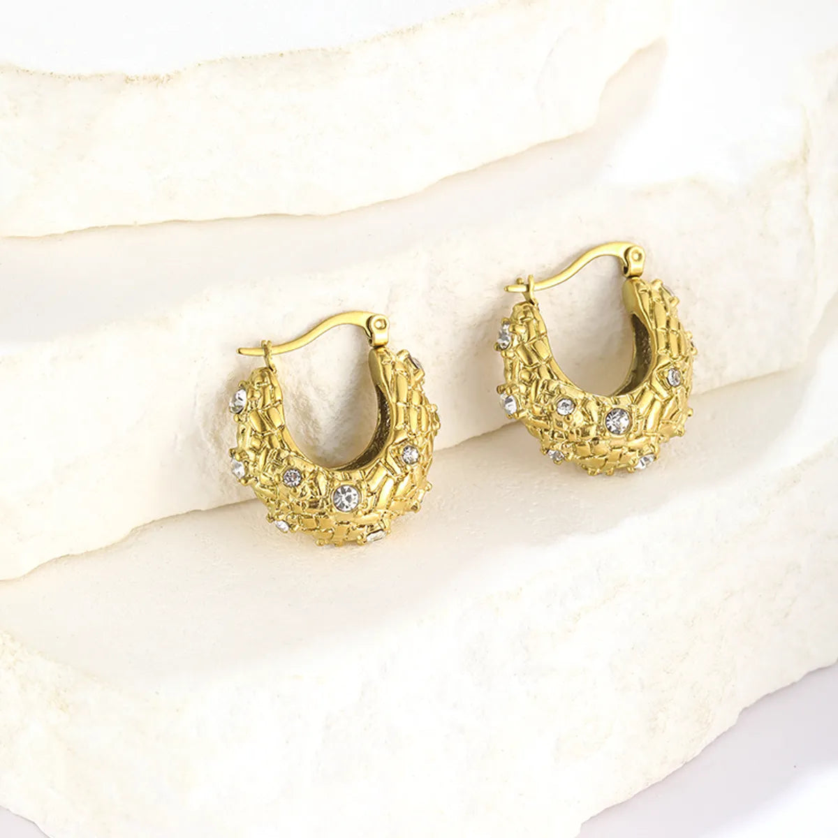 1 Pair Vintage Style Scallop Solid Color Plating Inlay Stainless Steel Rhinestones Hoop Earrings