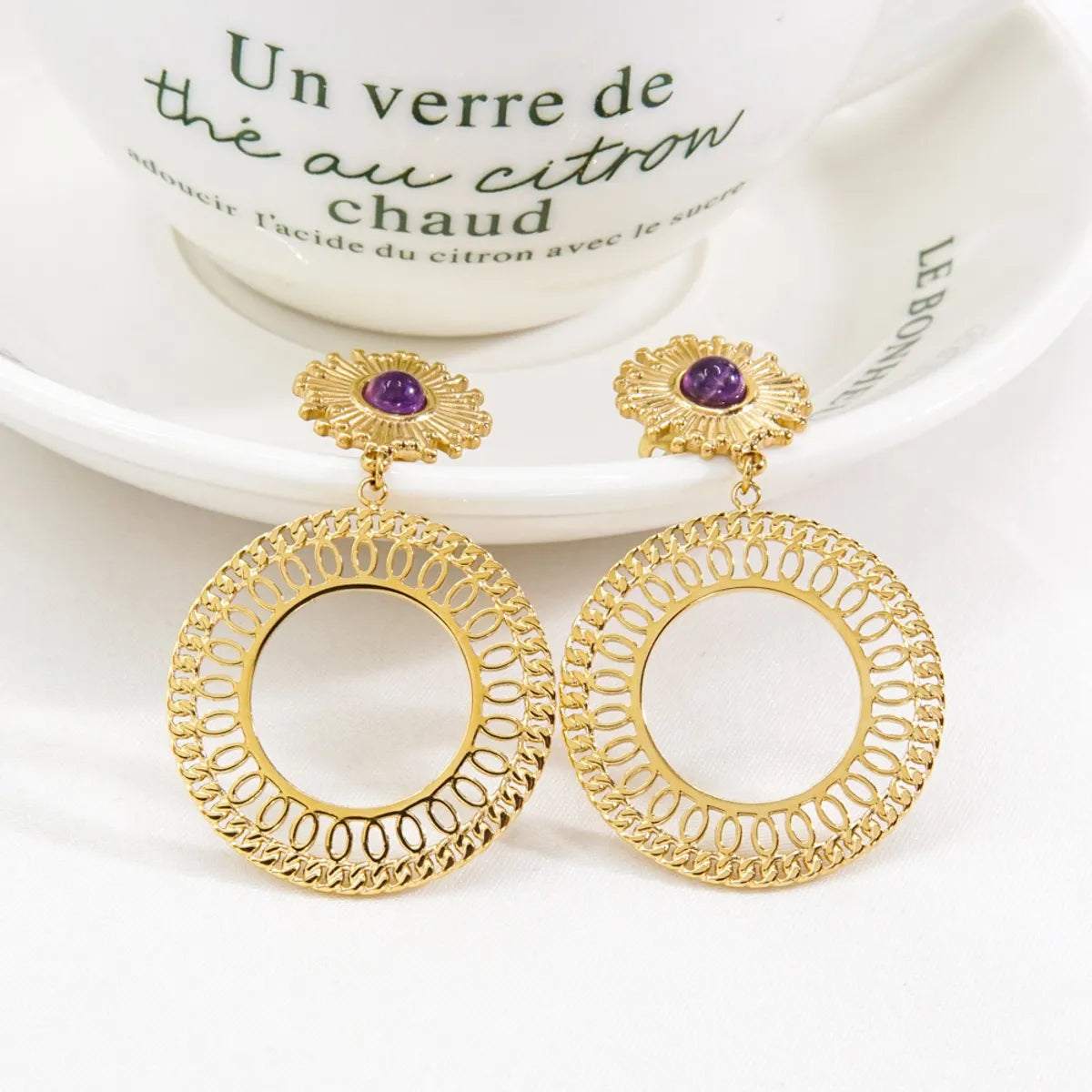 1 Pair Vintage Style Simple Style Circle Plating Inlay Stainless Steel Natural Stone Earrings