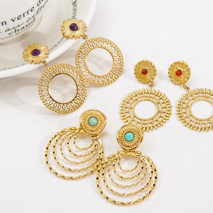 1 Pair Vintage Style Simple Style Circle Plating Inlay Stainless Steel Natural Stone Earrings